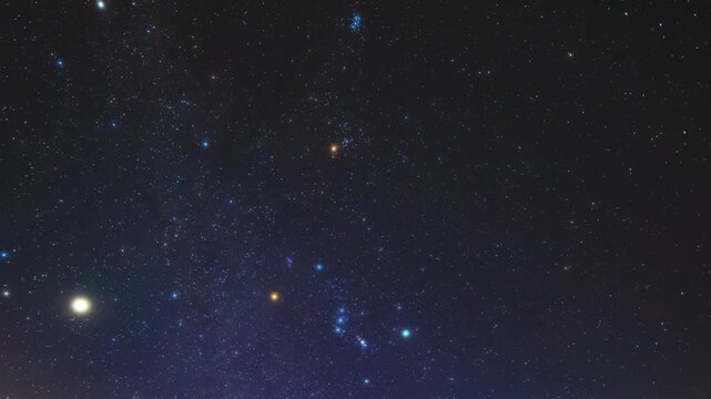 Orion constellation startrails with airplane and satellite trails. Time-lapse video.