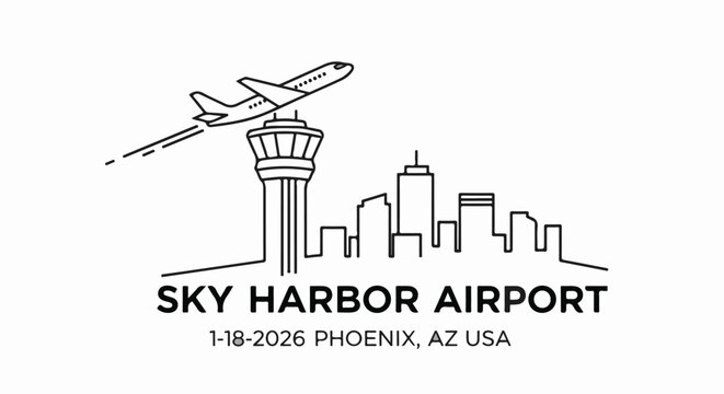 Airplane ascends from control tower over city skyline graphic