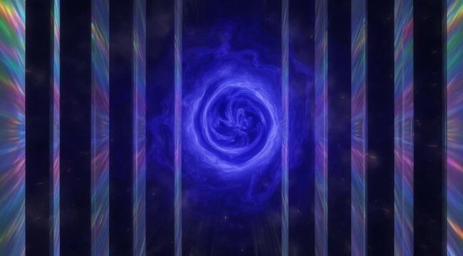 Psychedelic iridescent holographic vortex opens to a vibrant hyperspeed starburst tunnel
