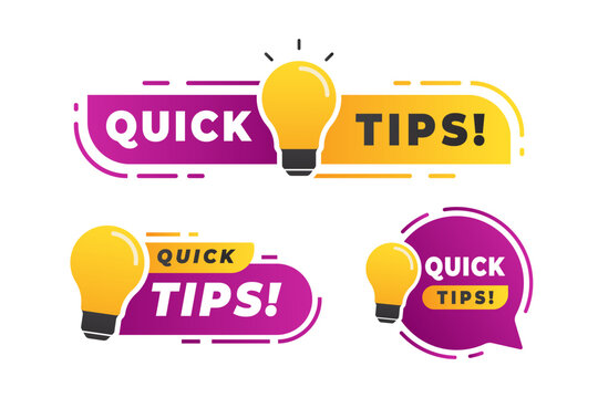 Colorful set vector of quick tips badges and banners featuring light bulb idea icons and bold typography, ideal for presentations, websites, social media posts, and marketing or educational materials.