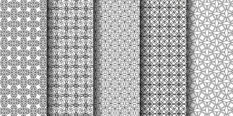 Collection of black and white geometric patterns showcasing intricate designs and lines.