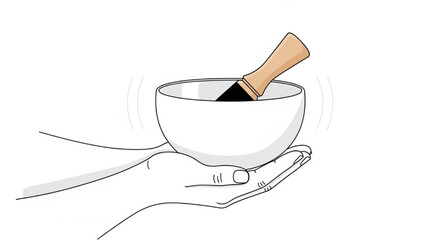 Hands Holding Tibetan Singing Bowl with Mallet and Subtle Vibration Waves &ndash; Mindfulness Sound Healing Vector Illustration