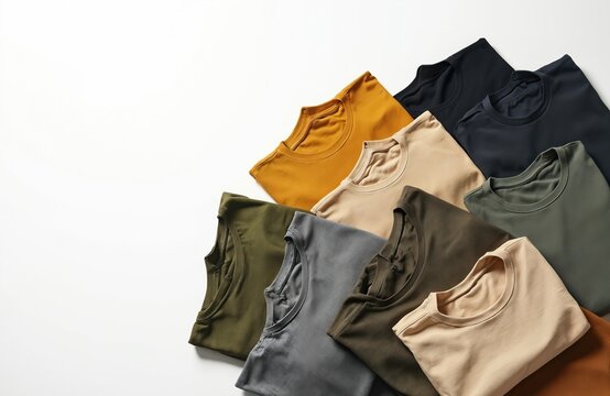 Pile of folded t shirts in various neutral earth tones arranged on white surface. Casual apparel collection for men or women basic wardrobe.