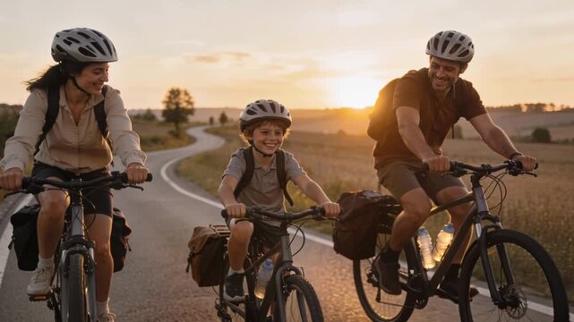 Happy family bicycle traveling road sunset child outdoor adventure helmet ride path summer vacation together nature rural field meadow golden light