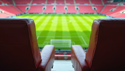 Luxury stadium seats face a soccer field. Green grass pitch with white lines ready for match. Red spectator stands in background at modern sports arena.