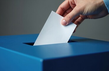 Person puts blank white paper into blue ballot box. Voting action for election or poll concept. Democracy and political choice symbol. Government decision process.