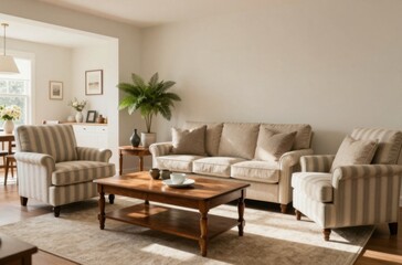 Fototapeta premium Elegant Living Room with Neutral Tones, Classic Furnishings, and Abundant Natural Light in a Residential Home