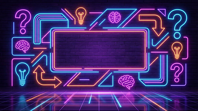  Trivia night event presentation frame with neon business and thinking symbols for quiz competition displays game show formats and interactive knowledge contest backgrounds