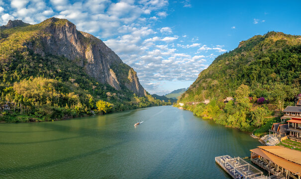 Banks of the Ou river in the resort town of Nong Khiaw, Luang Prabang province, Laos