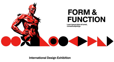 Naklejka premium Form and Function: Abstract Geometric Shapes and Fiery Man Illustration for Design Exhibition