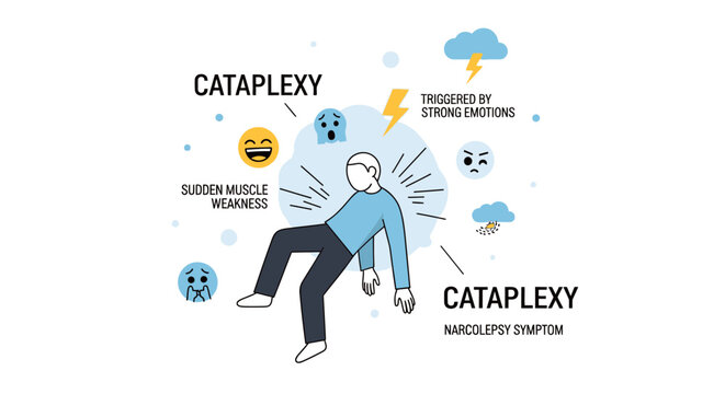 Cataplexy infographic showing sudden muscle weakness triggered by strong emotions as a primary symptom of narcolepsy.