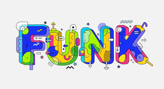 Colorful Funk Word Art with Abstract Geometric Shapes and Arrows