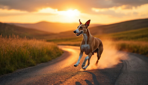 Elegant whippet dog runs fast on dusty rural road at sunset. Athletic canine moves with grace and speed through landscape, kicking up dirt in golden light.