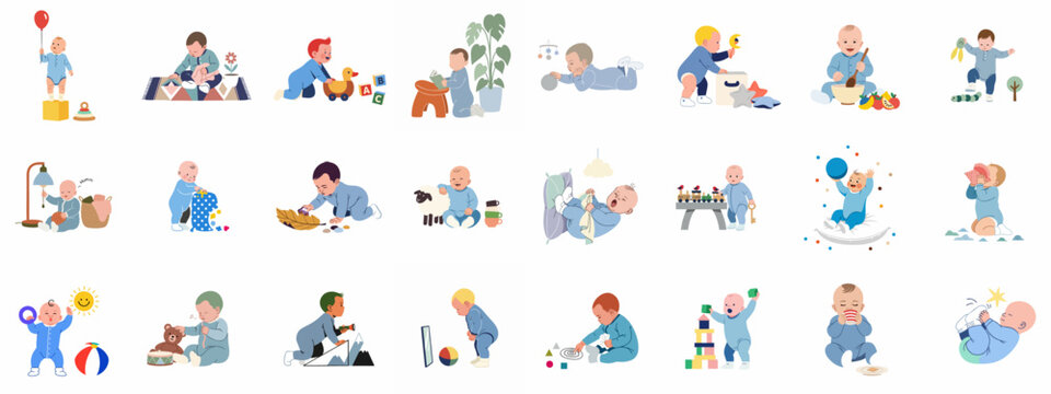Collection of flat vector illustrations showing infants exploring, playing with developmental toys, learning, and engaging in various typical baby actions.