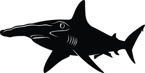 Obraz premium A black silhouette of a shark with sharp teeth and fins, illustrated in a simple vector art style.