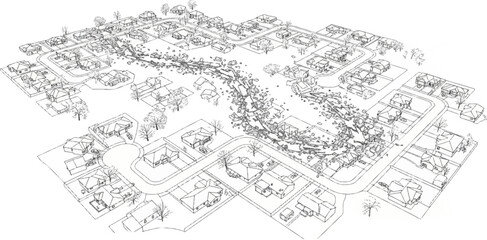 Obraz premium An aerial sketch shows a suburban neighborhood with winding roads and many homes