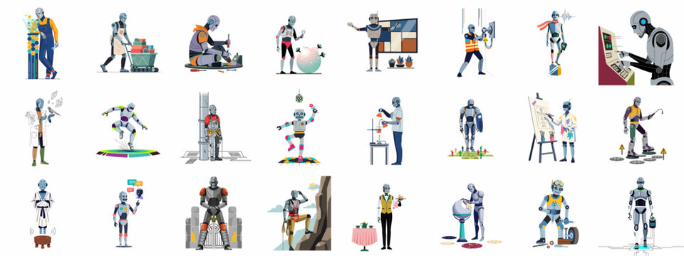 Diverse collection of humanoid robots performing various jobs and activities, illustrating artificial intelligence, automation, and the future workforce.