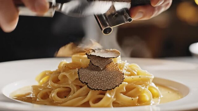 Shaving black truffle over fresh pasta dish 4K Video