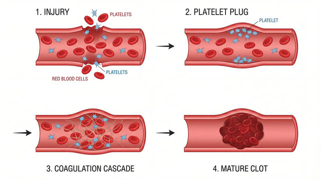 Blood clotting cascade stages showing platelet plug formation and coagulation sequence for hematology education, medical physiology training, and circulatory system teaching materials