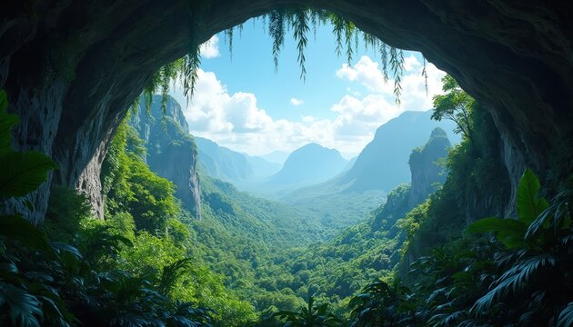 View from cave opening looking out over lush green jungle valley with mountains in distance under blue sky with clouds. Hanging plants frame the entrance to this tropical jungle landscape.