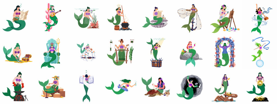 Busy Mermaids: A large collection of underwater fantasy characters performing diverse professions and daily life activities.