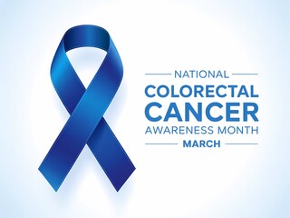 National colorectal cancer awareness month blue ribbon on white background