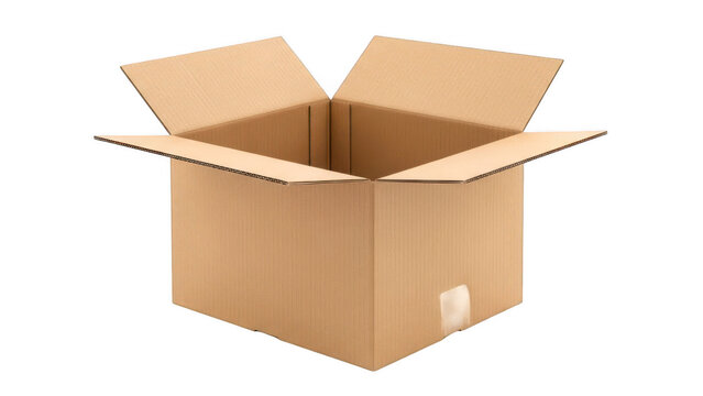 An open cardboard box with a flapped lid, ready to be filled with items.