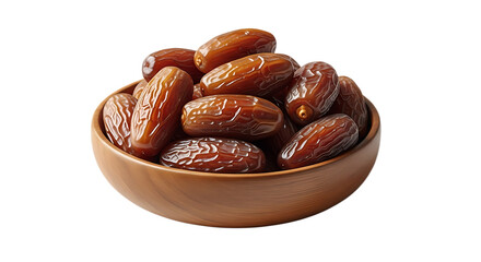 Obraz premium A generous portion of rich brown dried dates piled high inside a simple smooth wooden bowl for advertising healthy snacks.