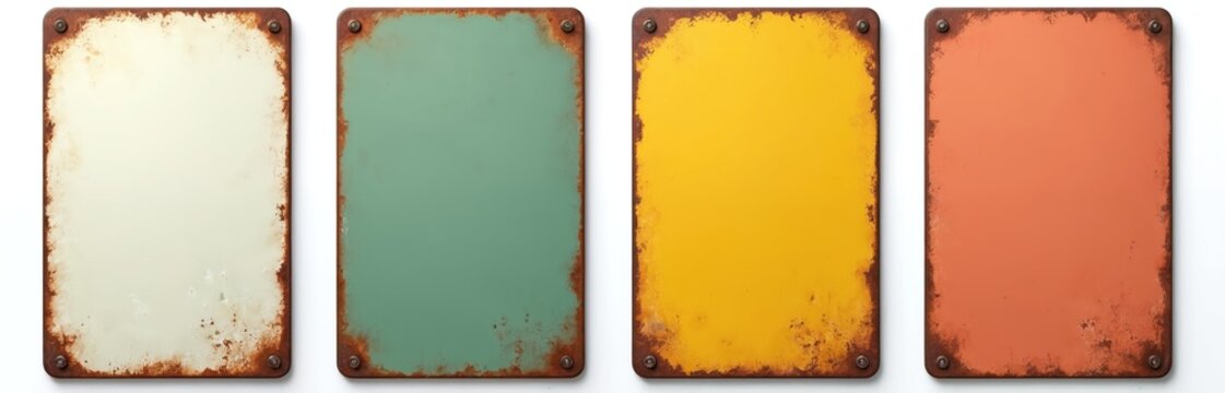 Four empty vintage tin signs arranged side by side on white background. Signs show signs of wear rust and age. Each sign has four screw holes. Useful for messages and retro advert designs.