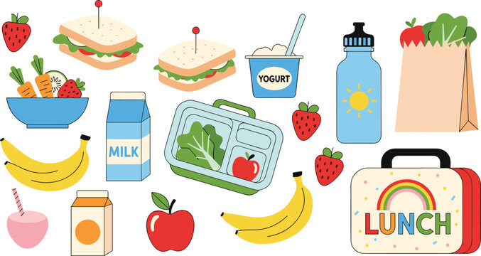 Healthy School Lunch Box Set with Sandwich Fruit Milk Yogurt and Rainbow Bag Flat Vector Illustration - cad drawing flat vector illustration