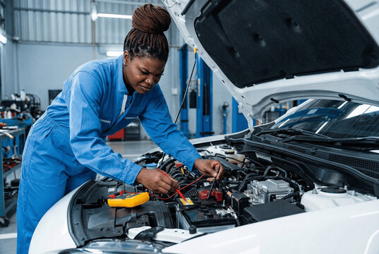 Femme Garagiste faisant un contr&ocirc;le technique voiture