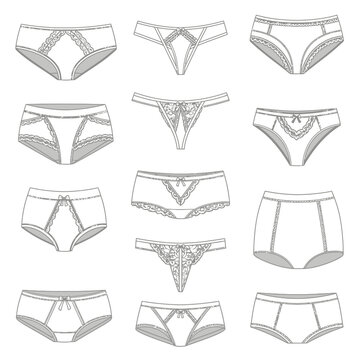 Technical fashion illustration of various women s underwear styles