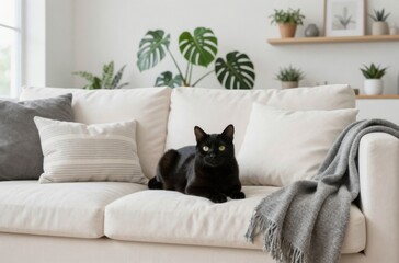 Elegant Black Cat Relaxing on a Stylish White Couch in a Bright Modern Living Room