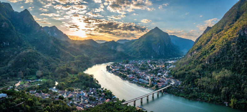 Panoramic view of the resort town of Nong Khiaw town from the Som Nang Viewpoint, Nong Khiaw, Luang Prabang province, Laos