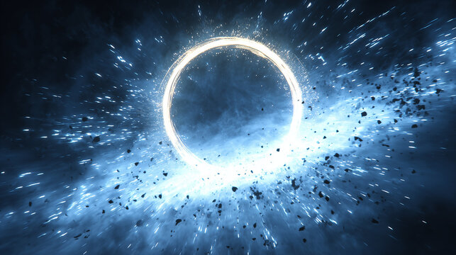 宇宙空間に輝く光のリングと星屑が広がる幻想的SF背景素材