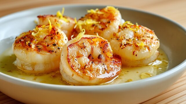 Lemon Garlic Shrimp with Butter Sauce and Herbs Close Up Gourmet Seafood Dish