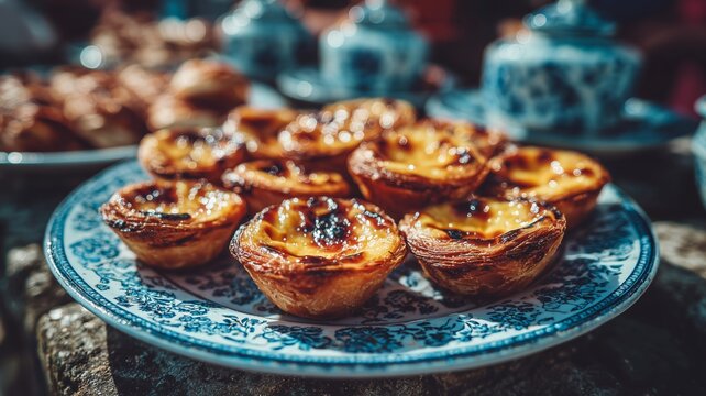 Portuguese Pastel de Nata Custard Tarts Freshly Baked Traditional Pastry Dessert Close Up