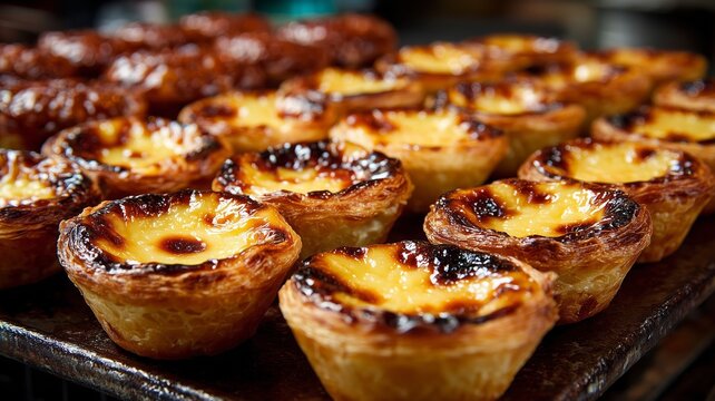 Portuguese Pastel de Nata Custard Tarts Freshly Baked Traditional Pastry Dessert Close Up