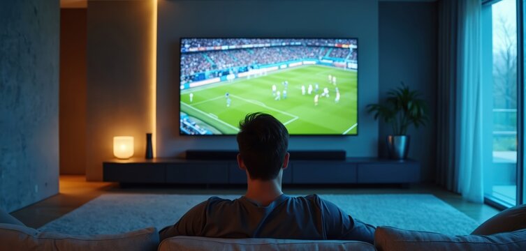 Man watches soccer game on large TV screen from couch in modern living room. He is focused on the match, enjoying sports entertainment at home, with dim lighting creating atmosphere.