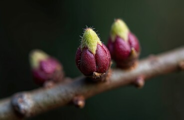 Fototapeta premium Tree branch shows three closed buds with fuzzy green tips. Dark background contrasts with maroon buds unfurling. Represents new life and spring growth.