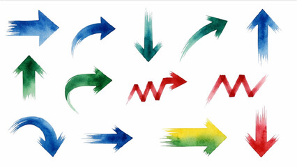 Water Colored Brush Arrow Sketch Icon Set on White Background, Hand Drawn Paint Direction Arrows Collection, Artistic Vector Elements