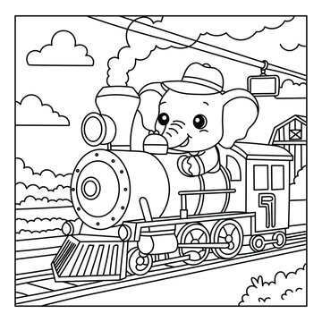 Cute Baby Elephant Train Driver Operating Steam Locomotive Coloring Page