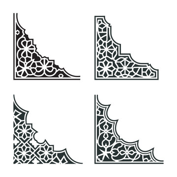 Set of decorative islamic corner frames with geometric floral patterns for traditional design