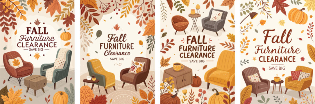 Autumn-themed furniture clearance featuring cozy chairs and warm colors.