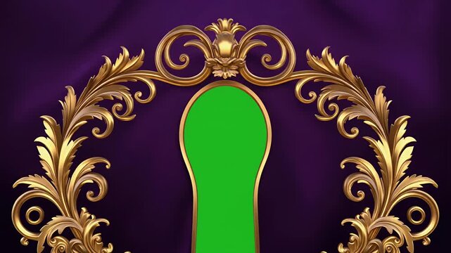 Islamic Ceremony Entrance with Golden Ornaments and Rich Purple Fabric around a Green Archway in a Majestic Setting