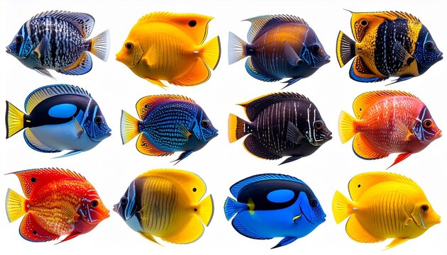 "Collection of 20 colorful tropical fish species on white background."
