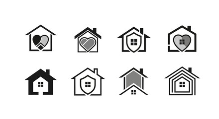 Set of House Logos with Heart and Shield Symbols - Real Estate and Security Icons