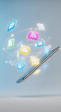 Smartphone digital interface with floating icons communication technology