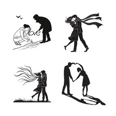 Silhouette Illustrations of Romantic Couples in Various Scenarios Such as Dates, Travel, Picnics, and Everyday Love Stories