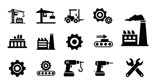 Industrial Icons Set: Factory, Crane, Forklift, Gears, Tools, Conveyor Belt